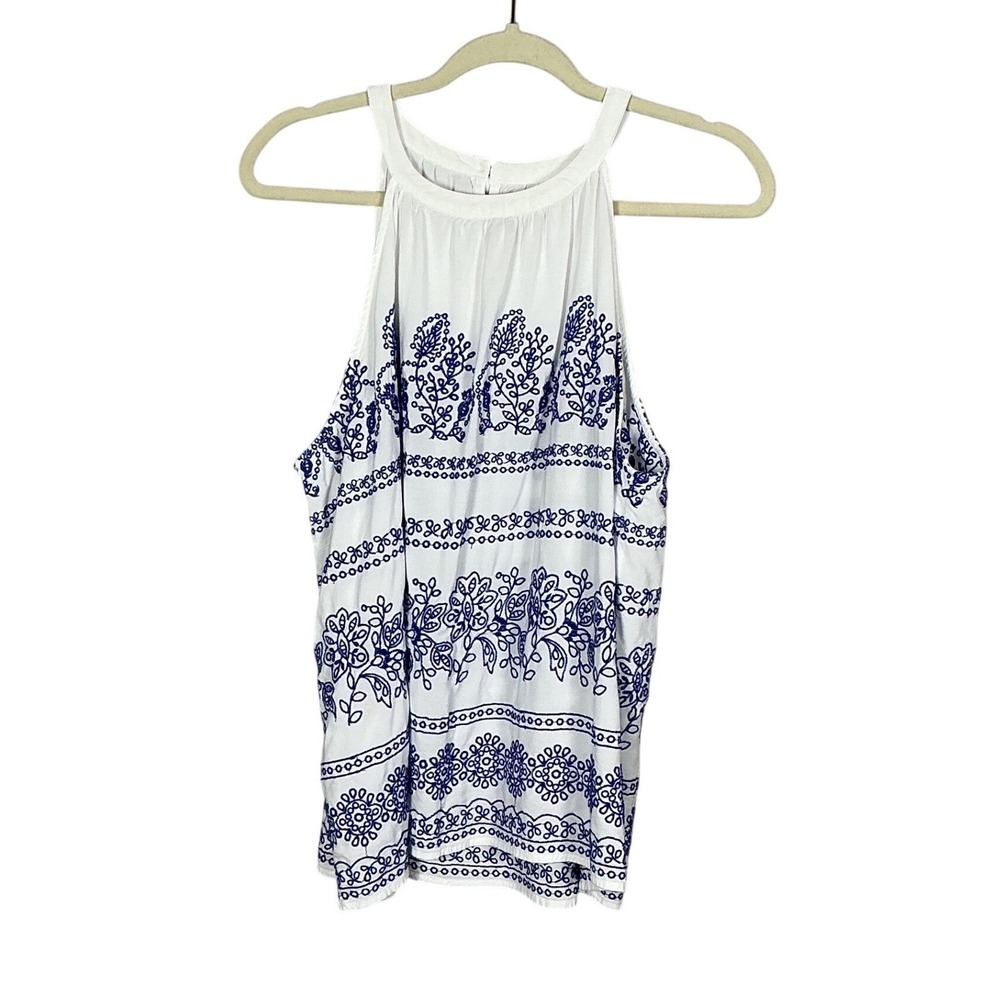 Loft Womens XL White Blue Floral Embroidered Halter High Neck Blouse Top